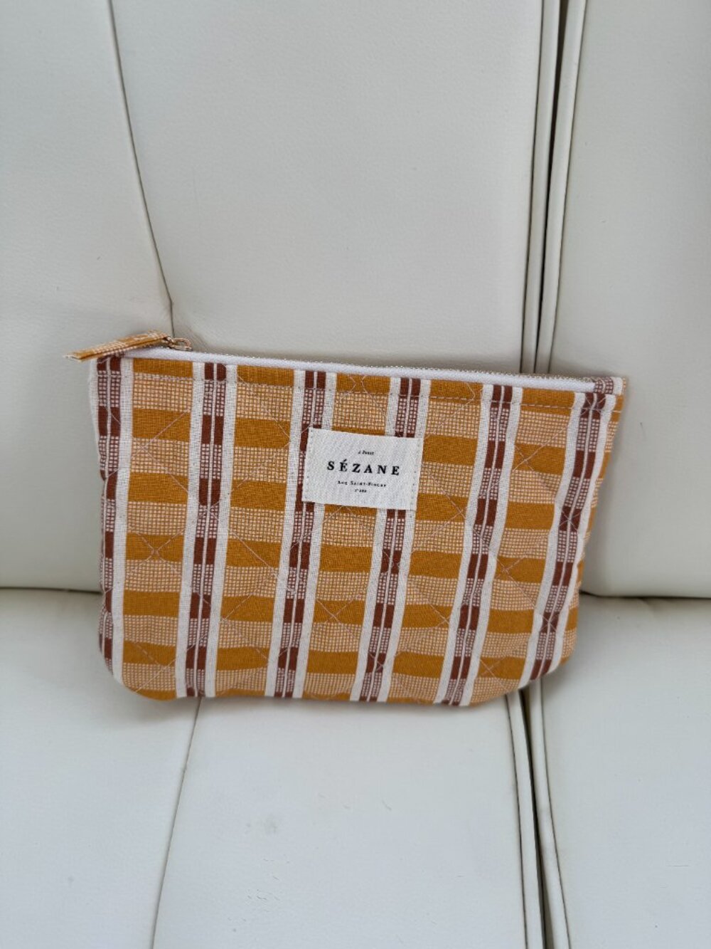 Sezane yellow brown tan gold ochre ecru plaid limited edition makeup bag NWOT